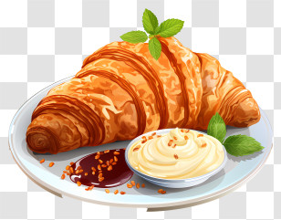 Croissant - Croissant With Cream And Jam On Plate Transparent PNG
