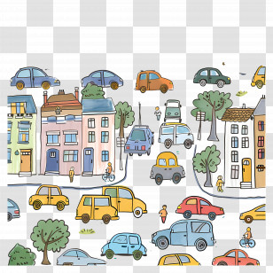 Cars In City - Colorful Cityscape With Cars And Buildings Transparent PNG