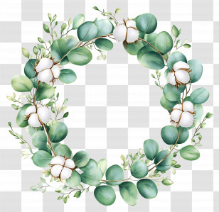 Eucalyptus Wreath - Natural Green Eucalyptus Wreath With Cotton Flowers Transparent PNG