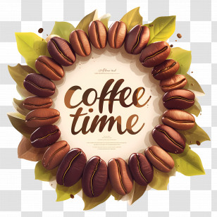 Coffee Time - Coffee Beans And Leaves In A Circle Transparent PNG