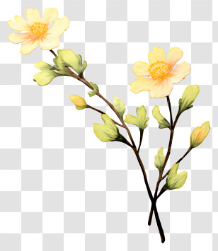 Flower - Yellow Flower Branch With Green Leaves Transparent PNG