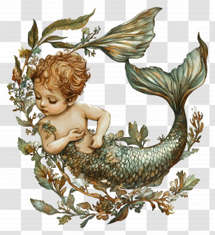 Baby Mermaid - Cute Mermaid Child With Seaweed Transparent PNG