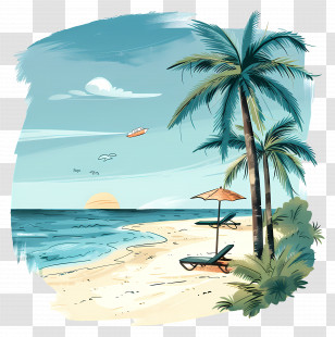 Summer Beach Scene - Tropical Beach Scene With Palm Trees Transparent PNG