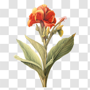 Canna Indica - Orange Canna Flower With Leaves Illustration Transparent PNG