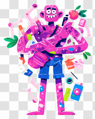 Pink Cartoon Character - Colorful Multitasking Character Illustration Transparent PNG