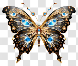 Gold And Blue Butterfly - Ornamental Decorative Butterfly With Gems Transparent PNG