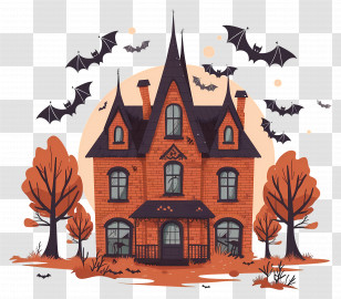 Haunted Castle - Haunted House With Flying Bats Scene For Halloween Transparent PNG