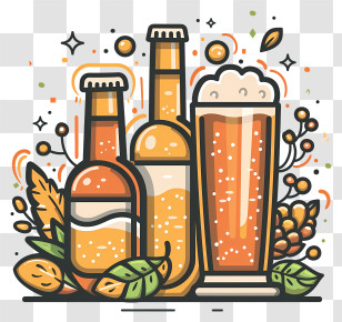 Sunset - Beer Bottles And Glass Illustration With Festive Elements Transparent PNG