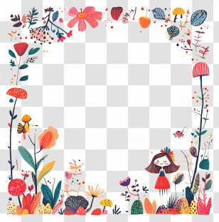 Cute Paper - Whimsical Frame With Flowers And Girl Transparent PNG