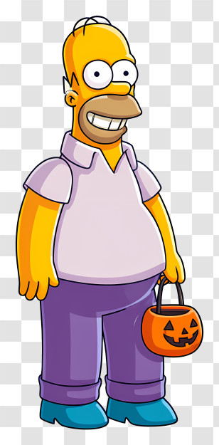 Homer Simpson Halloween Outfit - Yellow Cartoon Man With Pumpkin Bucket For Halloween Transparent PNG