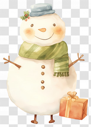 Watercolor Snowman - Snowman With Green Scarf And Gift Box Transparent PNG