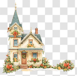 Victorian Christmas Corner - Victorian House With Floral Decor Transparent PNG