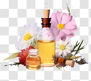 Realistic Flower Essences Therapy - Bottles Of Essential Oil And Flowers Transparent PNG