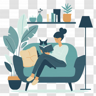 Reading Books - Woman Reading A Book With A Cat On A Cozy Sofa Transparent PNG