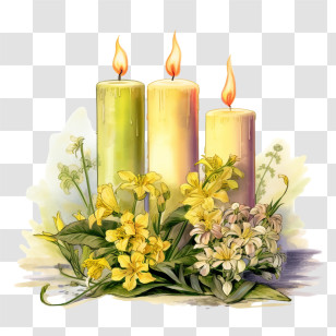 Candles - Lit Candles And Yellow Floral Arrangement Transparent PNG