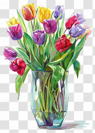 Tulips In Vase - Colorful Tulips In Glass Vase Transparent PNG