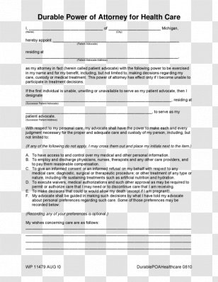 Power Of Attorney Health Care Form Healthcare Proxy Advance Directive - Revocation - United States Transparent PNG