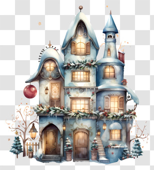 Snow Covered Building - Blue Christmas House Decorated With Snow And Lights Transparent PNG