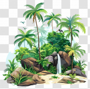 Tropical Rainforest - Tropical Jungle With Lush Vegetation And Waterfall Transparent PNG