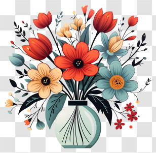 Doodle Style Flower In Vase - Colorful Flower Bouquet In Vase Transparent PNG