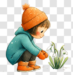 Child Crouching Down In Snow - Child Looking At Snowdrops Transparent PNG