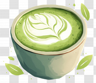 Matcha Milk Tea - Matcha Latte Bowl With Leaf Latte Art Transparent PNG