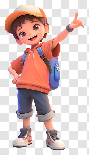 Anime Boy Pointing - Cartoon Boy With Cap And Backpack Transparent PNG