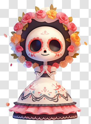 Day Of The Dead Cartoon - Day Of The Dead Doll With Flowers Transparent PNG