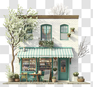 Spring Coffee Shop - Charming Cafe Building With Outdoor Seating Transparent PNG