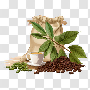 Coffee Beans - Coffee Cup, Beans, And Leaves With Sack Illustration Transparent PNG