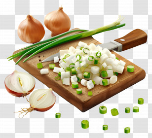 Chopped Onions - Cutting Board With Chopped Onions And Green Stalks Transparent PNG