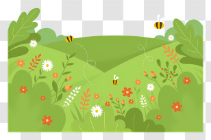 Landscape - Green Meadow With Flowers And Bees Illustration Transparent PNG