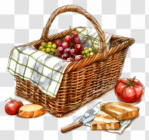 Picnic Basket - Illustration Of Picnic Basket With Fruits And Bread Transparent PNG