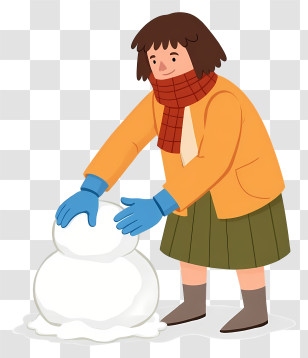 Girl Building Snowman - Child In Orange Coat Building Snowman Transparent PNG