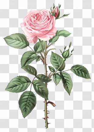 Vintage Flowers - Pink Rose With Green Leaves And Buds Transparent PNG