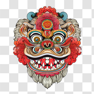 Chinese Lion Dance Head - Intricate Colorful Dragon Mask Transparent PNG