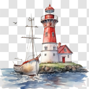 Lighthouse - Lighthouse And Sailing Ship In Watercolor Style Transparent PNG