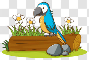 Bird Parrot - Blue Parrot On A Log With Flowers Transparent PNG