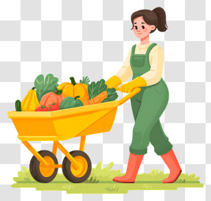 Hardworking Woman Farmer - Gardener Pushing Vegetable Wheelbarrow Transparent PNG