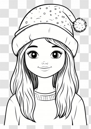 Christmas Coloring Page - Cute Girl In Winter Hat Transparent PNG