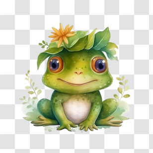 Frog - Frog With Leaf Hat And Flower Cartoon Transparent PNG