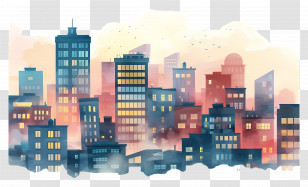 City Misty Morning - Colorful City Skyline Illustration At Dusk Transparent PNG