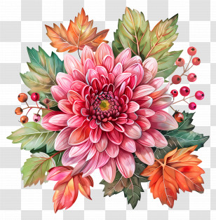 Autumn Flowers - Beautiful Chrysanthemum Flower With Autumn Leaves Transparent PNG