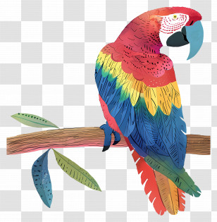 Macaw - Colorful Parrot On Branch Illustration Transparent PNG