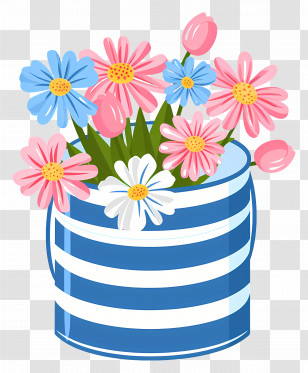 Bouquet Of Daisies - Striped Blue Bucket With Colorful Spring Flowers Transparent PNG