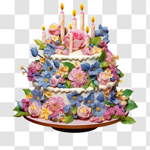 Birthday Cake - Gorgeous Flower-Decorated Birthday Cake With Candles Transparent PNG