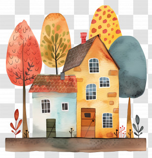 Village House - Colorful Watercolor Houses With Autumn Trees Transparent PNG