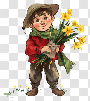 St Davids Day - Smiling Boy Holding Daffodils Transparent PNG