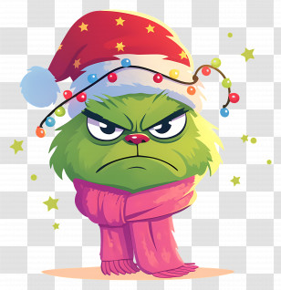 Grinch Face - Grumpy Green Character In Festive Santa Hat Transparent PNG