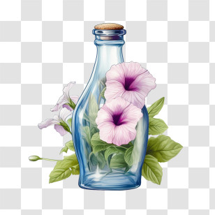 Petunia Flower - Blue Glass Bottle With Purple Flowers Illustration Transparent PNG